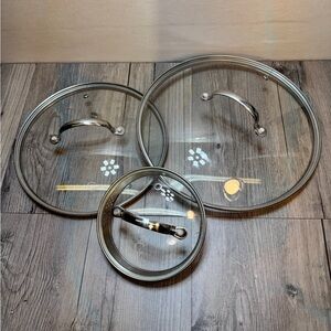 Lot Of 3 Curtis Stone Glass Lids With Metal Ring & Handles -3 Sizes 12”, 10”, 6”